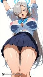1girl ai_generated arms_up artist_name asuna_(blue_archive) asuna_(bunny)_(blue_archive) asuna_(bunny_girl)_(blue_archive) asuna_(school_uniform)_(blue_archive) bangs black_choker black_panties black_socks blue_archive blue_bow blue_bowtie blue_eyes blue_ribbon blue_skirt blush bow bowtie breasts cameltoe choker cleaning_&_clearing_(blue_archive) collared_shirt from_below grey_hair hair_over_one_eye hair_ribbon halo ichinose_asuna kneehighs large_breasts long_hair looking_at_viewer millennium_science_school_student nipples no_bra open_mouth panties pleated_skirt questionable ribbon school_uniform scrunchie see-through senpai_pixels shirt simple_background skirt sleeves_rolled_up socks solo thighs underwear very_long_hair wet wet_clothes wet_shirt white_background white_shirt wrist_scrunchie
