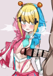 1boy 1girls blue_hair blush braid censored cheerleader clothing erection female gray_eyes hair hair_ornament jitome looking_at_penis mahjong_fight_girl male multicolored_hair navel official_alternate_costume penis pink_hair sekiman_0000 small_breasts smile steam sweat sweatdrop toy_toy_(mahjong_fight_girl) twin_braids upper_body white_pupils yellow_hair