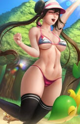 1girls abs alternate_outfit bikini black_legwear blurry blurry_background breasts brown_hair celebration cleavage closed_eyes clouds day female fist grass hat high_resolution highres human human_only larger_female limgae long_hair navel nintendo open_mouth outdoors patrat patreon pokemon pokemon_(species) pokemon_bw pokemon_bw2 rosa_(pokemon) size_difference sky snivy solo_focus source_request text thick_thighs thighhighs tree twintails underboob url watermark wide_hips