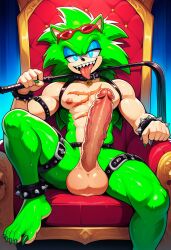 scourge_the_hedgehog cocky69 ai_generated sonic_(series) sonic_the_hedgehog_(series) green_skin green_body green_fur blue_eyes throne erection penis big_penis long_penis cock big_cock long_cock veiny_penis balls big_balls male male_only hedgehog hedgehog_humanoid