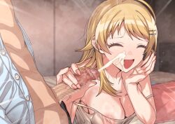 1boy 1girl :d ^_^ areola_slip blonde_hair breasts censored cleavage closed_eyes commentary_request cum cum_on_body ejaculation erere facial fingernails hachimiya_meguru hair_ornament hairclip handjob hetero idolmaster idolmaster_shiny_colors indoors long_hair medium_breasts mosaic_censoring open_mouth penis smile sweat