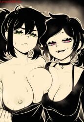 2girls age_difference ai_generated ashley_graves bare_shoulders big_breasts breasts busty busty_female choker daughter female female_focus female_only huge_breasts large_breasts mature mature_female milf mother mother_and_daughter necklace ponytail renee_graves semi_incest the_coffin_of_andy_and_leyley tied_hair undressing grin smug looking_at_viewer imminent_sex