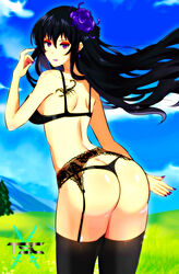 ass back back_view bangs bedroom_eyes black_hair bra deathelena_recreigialas earrings eyebrows_visible_through_hair eyeliner female female_only flower garter_belt highres lipstick logo long_hair looking_at_viewer looking_back original original_character painted_nails purple_eyes sacredcourage sideboob standing stockings tattoo the_legendary_tauran'creima the_legendary_tauran'creima:_star_beings_of_the_universe thong