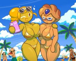cookie_run cookie_run_ovenbreak cookie_run_kingdom cheesecake_cookie blueberry_pie_cookie lime_cookie orange_cookie sauna_egg_cookie latiar 2girls bikini gold_bikini being_watched revealing_clothes sunglasses sunglasses_on_head glasses phone taking_selfie blush beach background_characters clothed belly breasts yellow_body tan_body breast_squeeze artist_name artist_signature 2025