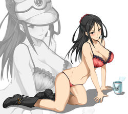 1girls black_hair blush boots bra breasts clothing female kai_schulen large_breasts long_hair matching_underwear panties red_bra red_panties spread_legs valkyria_chronicles valkyria_chronicles_4