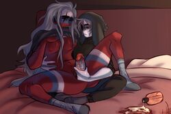 blue_skin countryhumans finland finland_(countryhumans) gay green_hat handjob hentai legs_spread legs_up long_hair male male/male male_only naked on_bed porn red_body red_skin russia russia_(countryhumans) scar_across_eye shirt_lift shirt_pull shirt_up socks white_hair white_skin