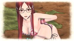 bending_forward bikini glasses large_breasts minerva_victor red_eyes red_hair screen_capture screenshot surprised swimsuit tagme valkyria_chronicles valkyria_chronicles_4