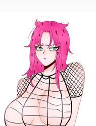 1girls black_dots breasts diavolo female fishnets green_eyes human jojo's_bizarre_adventure lidan light-skinned_female light_skin long_hair no_nipples pink_hair rule_63 shounen_jump simple_background vento_aureo villainess