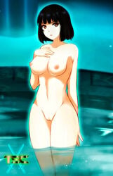 areolae bangs black_hair breasts eyebrows_visible_through_hair female female_only highres logo nipples nude nude_female original original_character pussy red_eyes sacredcourage serenity_addlebeen short_hair standing the_legendary_tauran'creima the_legendary_tauran'creima:_star_beings_of_the_universe water