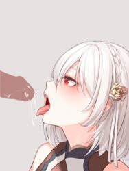 1boy absurdres azur_lane bangs bare_shoulders blush braid byakuyayayayaya cum cum_in_mouth cum_on_tongue eyebrows_visible_through_hair fellatio female flower grey_background hair_between_eyes hair_flower hair_ornament highres huge_filesize open_mouth oral penis pink_lips red_eyes rose short_hair silver_hair simple_background sirius_(azur_lane) sirius_(azure_horizons)_(azur_lane) sleeveless solo_focus straight tongue tongue_out upper_body yellow_flower yellow_rose