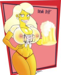 1girls alternate_breast_size beer big_lips bikini_bottom blonde_hair duff_beer earrings female female_only glistening_hair glistening_legs glistening_skin huge_breasts nipples no_bra red_bikini_bottom seductive see-through_clothing see-through_shirt shiny_arms shiny_body shiny_breasts solo teer text the_simpsons titania_(the_simpsons) twitter wet wet_clothes wet_shirt