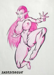 belly_button blue_eyes blue_skin breasts closed_mouth cocotte dragon_ball dragon_ball_super earrings erect_nipples feet female large_breasts long_hair nipples nude nude_female pink_hair pointy_ears pussy sasesisosux solo stomach unknown_species vagina