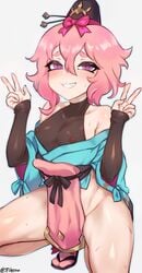 1boy bottomless chitose_(dragalia_lost) double_peace_sign double_v dragalia_lost femboy girly jtveemo male male_only muscular_thighs nipples otoko_no_ko pelvic_curtain pink_hair sheer_clothing simple_background solo sweat thighs trap v