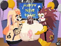 animal_crossing arm_warmers breasts cum cum_on_breasts cum_on_face cumshot dark-skinned_male double_titfuck elbow_gloves excessive_cum gloves huge_ass huge_breasts huge_cock latex latex_gloves makeup nintendo nipples paizuri party_hat pixel_art sable_able sega sonic_(series) tattoo thick_thighs thighhighs vanilla_the_rabbit vi-nsfw