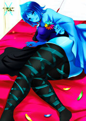 1girls bangs bed bed_sheet bedroom bedroom_eyes big_ass blue_eyes blue_hair blue_skin cloak eyebrows_visible_through_hair female female_only fi flower highres jewelry logo lying lying_down lying_on_bed lying_on_side nipples sacredcourage skirt skyward_sword smile solo stockings the_legend_of_zelda the_legendary_tauran'creima the_legendary_tauran'creima:_star_beings_of_the_universe thick_thighs thighs velcrimia_celestia