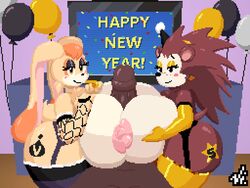 animal_crossing arm_warmers breasts dark-skinned_male double_titfuck elbow_gloves gloves huge_ass huge_breasts huge_cock latex latex_gloves makeup nintendo nipples paizuri party_hat pixel_art sable_able sega sonic_(series) tattoo thick_thighs thighhighs vanilla_the_rabbit vi-nsfw