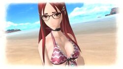 beach bikini blush blushing choker glasses large_breasts looking_at_viewer minerva_victor red_eyes red_hair screen_capture screenshot swimsuit tagme valkyria_chronicles valkyria_chronicles_4