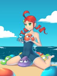 1girls ahoge andou_ringo bakuhaku beach cute drill_hair foam green_eyes holding_object ocean one-piece_swimsuit puyo_(puyopuyo) puyo_puyo puyo_puyo_7 red_hair sky small_breasts swimsuit teasing twintails waves wide_hips