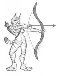 anthro arrow bow_(weapon) breasts digital_media_(artwork) felid feline female fur genitals hi_res holding_object holding_weapon looking_at_viewer lynx mammal nicnak044 nipples nude paws pose pussy ranged_weapon smile solo voltekaru weapon whiskers