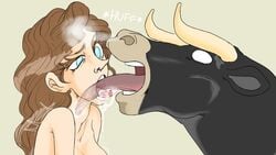 1boy 1girls blue_eyes bovine breasts brown_hair bull cross_section deepthroat estanofuego extreme_french_kiss female french_kiss interspecies kissing long_hair naked open_mouth oral saliva saliva_drip saliva_trail simple_background throat_bulge tongue tongue_in_mouth tongue_in_throat tongue_kiss tongue_out x-ray zoophilia