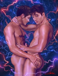 2boys abs ass_grab barry_allen brown_hair dc electricity erect_nipples ezra_miller flash gay grant_gustin hand_on_neck lightning lingerie looking_at_viewer looking_away male_only multiple_males nude pecs the_flash the_flash_(series) yaoi zane_nox