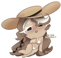 1girls alternate_version_available beach_hat belly bikini breasts coocoocoocoo cookie_run cookie_run_kingdom dialogue female_focus female_only hat mochaccino_cookie pale-skinned_female pale_skin posing posing_for_the_viewer talking_to_viewer text
