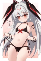 1girls ? bikini black_bikini black_swimsuit blush chaos_(punishing:_gray_raven) embarrassed female looking_down petite punishing:_gray_raven question_mark red_eyes robot_girl small_breasts sweat swimsuit undressing very_long_hair white_hair