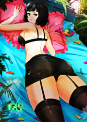 ass bangs bed bed_sheet bedroom black_hair bra breasts eyebrows_visible_through_hair female female_only flower flower_petals garter_straps grass greenhouse highres logo looking_at_viewer lying lying_down lying_on_bed lying_on_stomach original original_character pillow red_eyes sacredcourage serenity_addlebeen short_hair sideboob skirt stockings the_legendary_tauran'creima the_legendary_tauran'creima:_star_beings_of_the_universe thick_thighs thighs tree