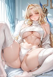 1girl ai_generated big_breasts blonde_hair female huge_breasts mature_female revoaru suisui_(wuthering_waves) thick_thighs thighs virgin_killer_sweater wuthering_waves