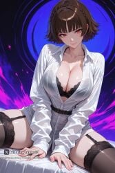 1girl ai_generated bangs belt black_bra black_thighhighs bra braid breasts brown_hair cleavage collarbone crown_braid garter_straps large_breasts long_sleeves looking_at_viewer makoto_niijima persona persona_5 red_eyes see-through shirt short_hair sitting smile solo spread_legs thighhighs thighs underwear villain_party69 white_shirt