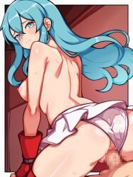 ass back blue_eyes blue_hair censored clothed_sex eirika_(fire_emblem) fire_emblem:_the_sacred_stones gloves large_breasts long_hair looking_back mimizunooka mosaic_censoring nipples panties panties_aside penis pussy red_thighhighs reverse_cowgirl_position reverse_upright_straddle smile sweat thighhighs thighs white_panties wide_hips