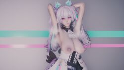1girls 3d alternate_costume armpits blue_eyes breasts breasts_out dancing female hairy_armpits hairy_pussy highres honey_select idol karenina_(punishing:_gray_raven) pink_eyes punishing:_gray_raven realistic robot_girl solo standing twintails white_hair yomi_(artist)