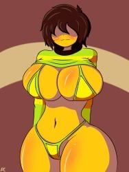 1girls arms_behind_back ass big_ass big_breasts bikini breasts eyeless female genderswap genderswap_(mtf) huge_breasts k4gevive kris_(deltarune) kris_dreemurr kris_female_(deltarune) rule_63 short_hair simple_background simple_shading solo solo_female sweater sweater_lift thick_thighs voluptuous