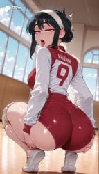 1girl 1girls absurd_res absurdres ahegao ai_generated ass ass_focus ass_grab big_ass big_breasts black_hair blue_sky blurred_background blurry_background blush breasts buruma cartoon cartoony cloud day depth_of_field earrings female female_focus from_behind full_body grabbing_own_ass gym_shorts gym_uniform hair_bun hairband half-closed_eyes hands_on_own_ass hi_res high_quality high_resolution highres huge_ass indoors jewelry large_ass large_breasts long_sleeves looking_at_viewer looking_back odexai open_mouth red_buruma red_eyes red_shorts rolling_eyes saliva shirt shoes shorts sidelocks sky small_waist sneakers solo solo_focus spy_x_family squatting straight sweat teeth thick_thighs thighs thin_waist thorn_princess tiptoes tongue tongue_out upper_teeth_only white_footwear white_hairband wide_hips window yor_briar yor_forger