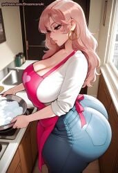 ai_generated apron big big_breasts brown_eyes dreamcoreai dreamcoreart earings female female_only huge_ass jeans oshi_no_ko pink_apron pink_hair saitou_miyako side_view thick_thighs washing wide_hips