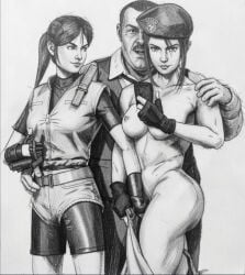 1boy 2d_(artwork) 2girls beret blowjob brian_irons claire_redfield jill_valentine long_hair nude nude_female resident_evil resident_evil_2 resident_evil_3 s.t.a.r.s