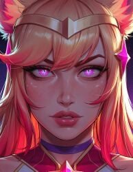 1girl 1girls ahri ahri_(league_of_legends) ai_generated animal_ears choker close-up league_of_legends looking_at_viewer ornament portrait purple_eyes solo solo_female star_guardian_ahri vjuice