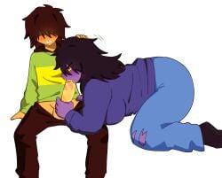 1girl 1nonbinary big_breasts big_dick blowjob deltarune furry kris_(deltarune) krusie lizard sideways_blowjob susie_(deltarune)