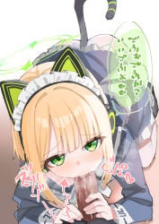 1boy 1girl all_fours animal_ear_headphones animal_ears ass blonde_hair blue_archive blue_dress cat_ear_headphones cat_ears cat_tail censored commentary_request dress fake_animal_ears fake_tail fellatio green_eyes halo headphones hetero highres maid maid_headdress maid_uniform midori_(blue_archive) midori_(maid)_(blue_archive) mosaic_censoring oral penis short_hair speech_bubble tail translation_request yatani_row