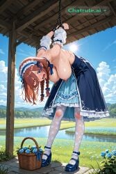 1girl ai_assisted ai_generated arms_behind_back arms_restrained arms_up bdsm big_breasts blue_eyes blue_ribbon brown_hair bushes chains clouds curvy day drooling field flower_field frilled_dress full_body grass hanging_from_ceiling head_tilt holding_basket knees_bent legs_spread looking_at_viewer messy_hair milf nakano_miku naked nipple_rings nude open_mouth outdoors quintessential_quintuplets river scared_face screaming sky sleeves_past_elbows sun sweating torture twin_braids whip_marks white_sleeves wide_hips wide_sleeves yokozuwari