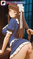 1boy 1girl 1girls 2026 ai_generated artist_name ass bangs blunt_bangs blush boobs breasts brown_eyes brown_hair bust chest cock dick dress electroworld fucking grabbing_another's_hair hetero hi_res high_quality high_resolution highres ikkitousen intercourse long_hair love_making no_panties patreon patreon_username penetration penis puffy_sleeves sex sexual_intercourse stable_diffusion sweat ten'i_(ikkitousen) tits watermark
