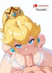 1girl 1girls ai_generated animated blonde_hair blowjob blue_eyes blush cleavage crown deepthroat earrings fellatio female from_above gif large_breasts lingerie looking_at_viewer oral oral_sex patreon patreon_logo patreon_username penis princess_peach