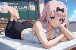 1girl ai_assisted ai_generated anklet bare_shoulders barefeet bedroom blue_sky books classroom cleavage cloud curvy_body decoration detailed_feet dutch_angle eyes_half_closed feet_up female female_only furniture grin indoors looking_at_viewer narrow_waist petite posters prone_position round_ass school_uniform shuuchiin_academy_school_uniform small_breasts soft_breasts source_anime the_pose tired wide_hips windows