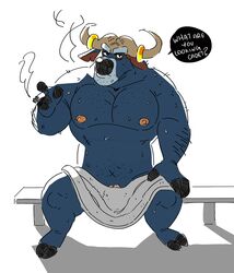 2020 anthro blue_body bovid bovine burrnie cape_buffalo chief_bogo disney english_text fur furry furry_only genitals hi_res male male_focus male_only mammal navel nipples penis simple_background sitting smoking solo sweat sweatdrop sweating text towel white_background zootopia