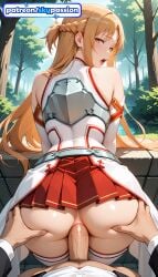 1boy 1girls 2026 ai_assisted ai_generated anime ass ass_grab asuna_(sao) bare_shoulders big_ass booty braid brown_eyes bush cock dick female_genitalia genitals grabbing_another's_ass groping hetero hi_res high_quality high_resolution highres long_hair looking_at_viewer looking_back outdoors patreon patreon_username penis pov pussy skirt sky skypassion solo_focus stable_diffusion sword_art_online thigh_grab uncensored_pussy uncensored_vagina watermark yuuki_asuna
