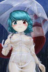 1girl alternate_eye_color belly blush_stickers breasts buttons commentary_request exhibitionism fat_mons frilled_sleeves frills furrowed_brow heterochromia highres holding holding_umbrella karakasa_obake medium_breasts nipples official_style overcast parasite_oyatsu public_indecency pussy rain raincoat see-through_clothes see-through_raincoat simple_background sky solo tatara_kogasa touhou transparent transparent_umbrella umbrella wavy_mouth wet wet_clothes zun_(style)