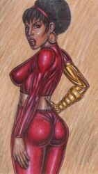 1girls afro ass big_ass big_breasts black_hair breasts butr cybernetic_arm dark-skinned_female dark_skin edithemad female female_only hairband marvel misty_knight nipple_bulge skin_tight solo solo_female traditional_media_(artwork)