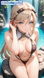 1girls 2026 ai_assisted ai_generated anime beach boobs braid breasts bust eiyuu_densetsu elaine_auclair female female_only hi_res high_quality high_resolution highres kuro_no_kiseki kuro_no_kiseki_(series) long_hair patreon patreon_username pool sitting skypassion smile solo stable_diffusion swimsuit tits water watermark wet