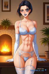 1girl 2d 4k 8k ai_assisted ai_generated alluring anime_style athletic attractive bare_midriff beautiful bedroom_setting big_booty black_hair black_lips blue_eyes blue_skin blush breasts cinematic_lighting cleavage close_up collarbone colored_skin confident dark dark_lighting defined_jawline depth_of_field detailed_background detailed_face detailed_skin digital_illustration dim_lighting elegant erotic female female_only lipstick marvel_comics neena_thurman short_hair