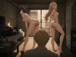 2boys 2girls ai_generated beach black_hair chainsaw_man cucked_by_bestfriend denji_(chainsaw_man) echoanomaly hayakawa_aki himeno_(chainsaw_man) imminent_threesome orange_hair penis_size_difference pink_hair power_(chainsaw_man)